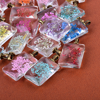 Rectangle Alloy Glass Pendants, Cadmium Free & Lead Free, with Dried Flower Inside, Antique Bronze, 40x23x9~12mm, Hole: 4.5x2.5mm