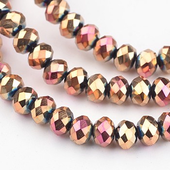 Electroplate Glass Beads Strands, Faceted Rondelle, Rose Gold Plated, 4x3mm, Hole: 1mm, about 146pcs/strand, 18.8 inch