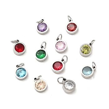 304 Stainless Steel Pendants, with Cubic Zirconia and Jump Rings, Single Stone Charms, Flat Round, Stainless Steel Color, Mixed Color, 9.5x7.5x3mm, Hole: 3.6mm