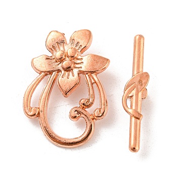 Flower Alloy Toggle Clasps, Cadmium Free & Nickel Free & Lead Free, Rose Gold, Flower: 20x28mm, Bar: 5x30mm, hole: 2mm
