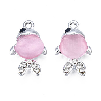 UV Plating Alloy Pendants, with Cat Eye and Crystal Rhinestone, Platinum, Cadmium Free & Lead Free, Fish, Pearl Pink, 23x13.5x5mm, Hole: 2mm