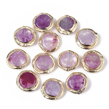 Natural Quartz Crystal Beads,  Edge Polymer Clay Golden Plated, Flat Round, 17.5~19.5x18~19.5x6~7.5mm, Hole: 0.8mm