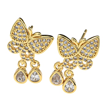 Rack Plating Brass Butterfly Dangle Stud Earrings with Cubic Zirconia for Women, Cadmium Free & Lead Free, Real 18K Gold Plated, 18.5x12mm