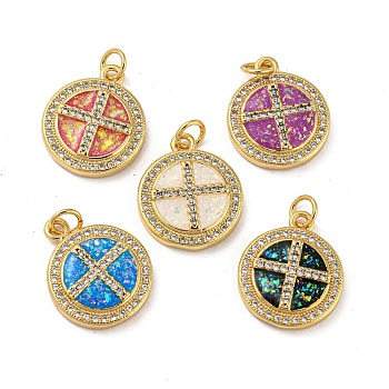 Brass Micro Pave Cubic Zirconia, with Synthetic Opal Pendants, with Jump Rings, Real 18K Gold Plated, Flat Round with Cross, Mixed Color, 18x15.5x3.5mm, Hole: 3.5mm