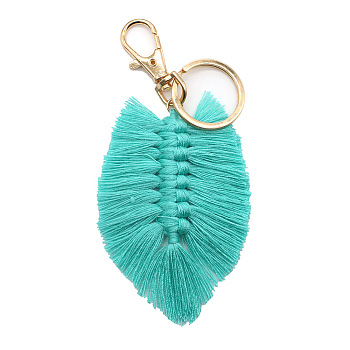 Cotton Tassel Keychain, with Golden Plated Alloy Findings & Iron Key Ring, Feather, Turquoise, 13x6cm