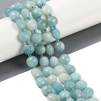 Natural Amazonite Beads Strands, Faceted, Flat Round, with Seed Beads, 9.5~10x5~6mm, Hole: 1mm, about 32~34pcs/strand, 15.75~14.96''(38~40cm)