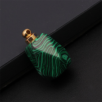 Synthetic Malachite Openable Perfume Bottle Pendants, Faceted Polygon Perfume Bottle Charms with Golden Plated Metal Cap, 30x23mm