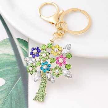 Alloy Rhinestone Keychains, Tree, Chrysolite, 12x4.9cm