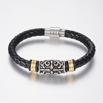 Braided Leather Cord Bracelets, with 304 Stainless Steel Findings and Magnetic Clasps, Black, 8-5/8 inch(220mm), 20x11.5mm