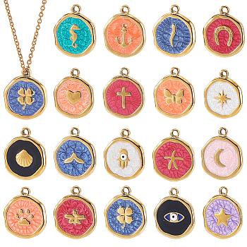 18Pcs 18 Styles Stainless Steel Enamel Charms, Flat Round Charms, Golden, Mixed Color, Mixed Shapes, 13mm, Hole: 1.2mm, 1pc/style