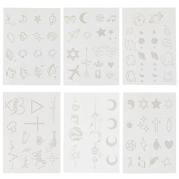 6 Sheets 6 Style Cool Sexy Body Art Removable Temporary Tattoos Paper Stickers, Planet & Moon & Universe Theme Pattern, Mixed Patterns, 11x7.8x0.02cm, 1 sheets/style