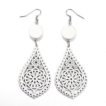 Trendy Teardrop Wood Dangle Earrings, with Platinum Tone Alloy Earring Hooks, White, 94~96x32~34mm, pin: 0.8mm