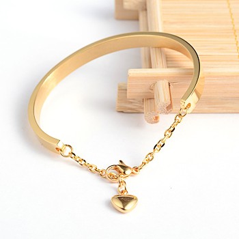 304 Stainless Steel Bracelets, with Heart Charms and Extender Chain, Golden, 1-5/8 inchx2-1/4 inch(42x58mm)