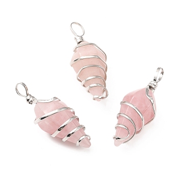 Natural Rose Quartz Pendants, with Platinum Tone Copper Wire Wrapped, Cadmium Free & Lead Free, Faceted Cone, 42~47x15~17x15~17.5mm, Hole: 5~7mm