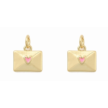 Brass Enamel Charms, Envelope with Heart, Rack Plating, Long-Lasting Plated, Cadmium Free & Lead Free, Real 18K Gold Plated, with Jump Ring, Pink, 10.5x11x3mm, Hole: 3.2mm