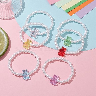 6Pcs 6 Color Acrylic Bear & Imitation Pearl Beaded Stretch Bracelets Set for Children(BJEW-JB10047)-2