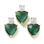 Real 18K Gold Plated Rack Plating Brass Micro Pave Cubic Zirconia Pendants, with Glass, Long-Lasting Plated, Cadmium Free & Lead Free, Heart, Sea Green, 20x13x9mm, Hole: 1.8x5mm(KK-R161-04G-08)