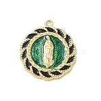 304 Stainless Steel Enamel Pendants, Flat Round with Virgin Mary Pattern Charms, Vacuum Plating, Real 18K Gold Plated, Green, 25.5x22.5x3mm, Hole: 1.6mm(STAS-G371-03G-06)