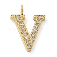 Ion Plating(IP) 304 Stainless Steel Micro Pave Cubic Zirconia Pendants, Golden, Letter A~Z Charms, Letter V, 13x9.5x2mm, Hole: 2mm(STAS-Z107-03G-21)