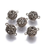 Tibetan Style Alloy Links connectors, Round with Flower, Antique Silver, 32~32.5x20~21mm, Hole: 2.5mm(PALLOY-O095-02AS)