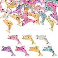 28Pcs 7 Colors Transparent Resin Pendants, Dolphin Charms, with Platinum Tone Iron Loops and paillette, Mixed Color, 19x38x7.5mm, Hole: 2mm, 4pcs/color(DIY-TA0004-59)