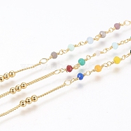 Brass Handmade Beaded Chain, Curb Chains, with Faceted Glass Bead, Long-Lasting Plated, Real 18K Gold Plated, Unwelded, with Spool, Colorful, 10x3mm, 45x2.8mm, about 32.8 Feet(10m)/roll(CHC-G011-10G-04)