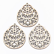 Undyed Natural Hollow Wooden Big Pendants, Laser Cut Shapes, Teardrop with Flower, Antique White, 61.5x51x2mm, Hole: 1.6mm(X-WOOD-N007-108)