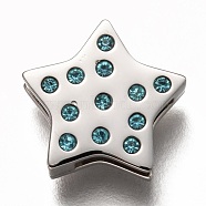 304 Stainless Steel Slide Charms, with Rhinestone, Star, Aquamarine, Stainless Steel Color, 12x12x3.5mm, Hole: 8x1.5mm(STAS-P270-26P-01)