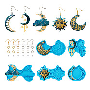 5Pcs 5 Style Sun & Moon & Cloud & Star Pendant Silicone Mold, with Brass Earring Hooks & Jump Rings, Plastic Ear Nut, for Earrings Making, Deep Sky Blue, 50~55x54~96x3.5~4.5mm, Hole: 2~3mm, Inner Diameter: 47~51x25~42mm, 1Pc/style(DIY-TA0003-72)