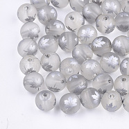 Autumn Theme Electroplate Transparent Glass Beads, Frosted, Round with Maple Leaf Pattern, Silver, 8~8.5mm, Hole: 1.5mm(EGLA-S178-01G)