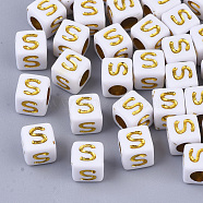 Plating Acrylic Beads, Horizontal Hole, Golden Metal Enlaced, Alphabet Style, Cube, Letter.S, 5.5~6x5.5~6x5.5~6mm, Hole: 3.5mm, about 3000pcs/500g(SACR-S297-09S)