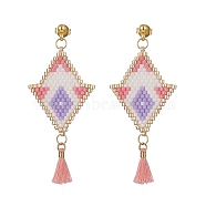 Rhombus Handmade Loom Pattern Glass Seed Dangle Earrings, Polycotton Tassel Stud Earring for Women, Pink, 55mm, Pin: 0.9mm(EJEW-MZ00035)