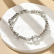 Flat Round Brass Micro Pave Cubic Zirconia Link Chain Bracelets, Cadmium Free & Lead Free, Long-Lasting Plated, Platinum, 7-1/2 inch(19cm)(KK-R217-26P)