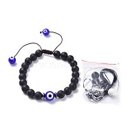 Adjustable Nylon Thread Braided Bead Bracelets, Couple Bracelets For Men, with Lampwork Evil Eye and Natural Black Agate(Dyed), Non-Magnetic Synthetic Hematite Beads, PVC Tubular Rubber Cord, 2-1/4 inch~3-3/8 inch(5.6~8.6cm)(BJEW-JB04466-02)