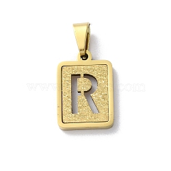 304 Stainless Steel Alphabet Pendants, Real 18K Gold Plated, Rectangle Charm, Letter R, 17.5x12x2mm, Hole: 7.5x3.5mm(STAS-S152-01G-R)