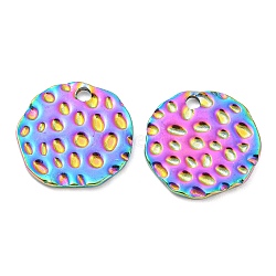 304 Stainless Steel Pendants, Textured, Flat Round Charm, Rainbow Color, 15x1mm, Hole: 1.8mm(STAS-I202-30RC)