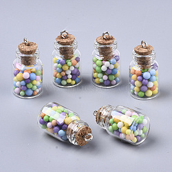 Glass Wishing Bottle Pendant Decorations, with Polystyrene Foam Inside, Cork Stopper and Iron Screw Eye Pin Peg Bails, Colorful, 22x15mm, Hole: 2mm(GLAA-N037-01A)