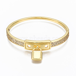 Brass Micro Pave Cubic Zirconia Bangles, Nickel Free, Padlock, Real 16K Gold Plated, Clear, Inner Diameter: 2-1/4x2 inch(5.7x5cm), 10mm(BJEW-T018-04G-02-NF)