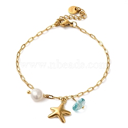 Freshwater Pearl & Glass & Beach Starfish Charm Bracelets, 304 Stainless Steel Paperclip Chain Bracelets for Women, Golden, 6-1/2 inch(16.4cm)(BJEW-K237-06G-04)