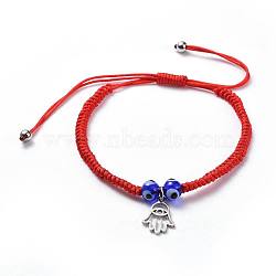 Adjustable Nylon Thread Braided Bead Bracelets, Red String Bracelets, with Handmade Lampwork Evil Eye Beads and 304 Stainless Steel Findings, Hamsa Hand/Hand of Fatima/Hand of Miriam, Red, 1-5/8 inch~3-1/4 inch(4.3~8.3cm), 3mm(BJEW-JB04459-03)