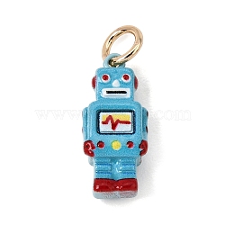 Printed Brass Pendants, Robot Charms, Golden, Blue, 18.5x8.5x5mm, Hole: 4mm(KK-CBAB1CA-17G)