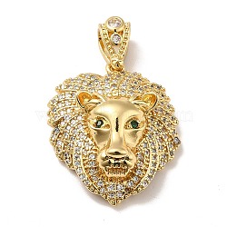 Brass Micro Pave Cubic Zirconia Pendants, Long-Lasting Plated, Real 18K Gold Plated, Lion, Clear, 28.5x24x9.5mm, Hole: 4x7.5mm(KK-H433-34G)
