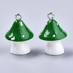 Opaque Resin Pendants, with Platinum Tone Iron Loops, Mushroom with Polka Dots, Green, 23~24x17mm, Hole: 2mm(X-RESI-T028-69B)