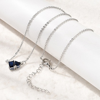 Brass Pave Cubic Zirconia Rectangle and Heart Pendant Cable Chain Necklaces, Cadmium Free & Lead Free, Rack Plating, Long-Lasting Plated, Platinum, Dark Blue, 17.07 inch(43.35cm)