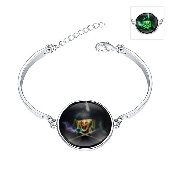 Halloween Witch Luminous Bracelets, Silver Color Plated Zinc Alloy and Glass, Fluorescent Green, 150mm