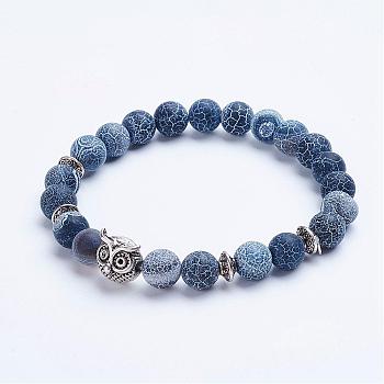 Natural Weathered Agate Beaded Stretch Bracelets, with Alloy Spacer Beads, Owl, Antique Silver, 1-3/4 inch(45mm)
