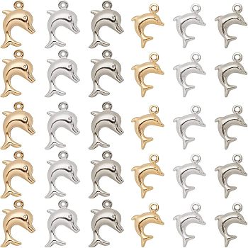 48Pcs 6 Colors Brass Charms, Long-Lasting Plated, Dolphin, Mixed Color, 8pcs/color