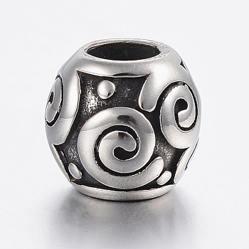 304 Stainless Steel European Beads, Large Hole Beads, Barrel with Vortex, Antique Silver, 11x10mm, Hole: 5mm