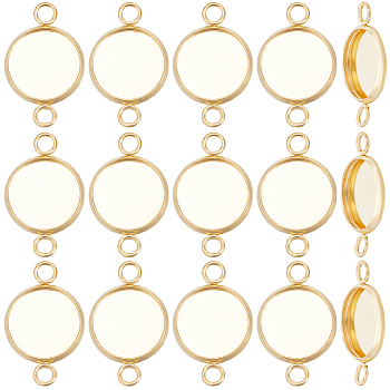 30Pcs 304 Stainless Steel Cabochon Connector Settings, Plain Edge Bezel Cups, Flat Round, Real 18K Gold Plated, Tray: 12mm, 21.5x14x2mm, Hole: 2.4mm