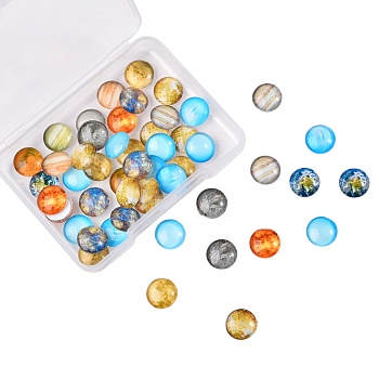 50Pcs Luminous Glass Cabochons, Planet Pattern, Half Round, Mixed Color, 12x4mm